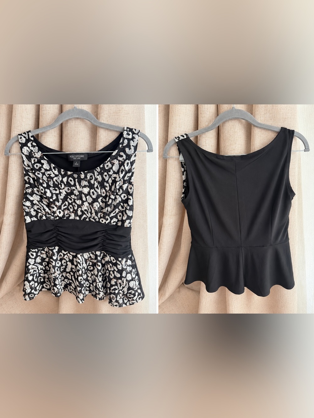Perceptions Black and White Sequin Animal Print Peplum Top